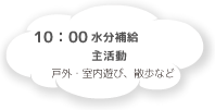 10:00 水分補給 主活動 戸外・室内遊び・散歩など