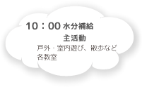 10:00 水分補給 主活動 戸外・室内遊び・散歩など
