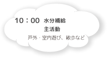 10:00 水分補給・主活動 戸外・室内遊び、散歩など